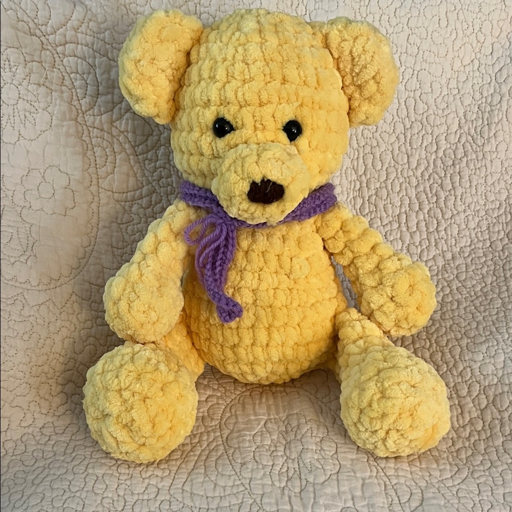 Yellow Plush Teddy Bear with Purple Scarf